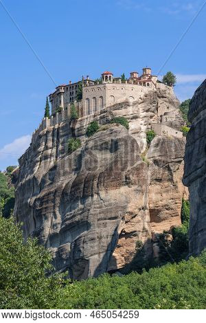 Vertical Shot, Bottom View Of Rock Standing Like A Stone Pillar Above The Thessalian Plain, With The