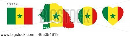 Senegal Flag Icon Set. Senegalese Pennant In Official Colors And Proportions. Rectangular, Map-shape