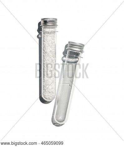 Carbamide In Pet Preform Bottle With Aluminium Cap. Cosmetic Chemicals Ingredient On Laboratory Tabl