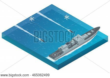 Isometric Attack Of A Military Naval Warship With Aerial Drones And Maritime Surface Military Drones