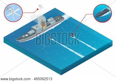 Isometric Attack Of A Military Naval Warship With Aerial Drones And Maritime Surface Military Drones