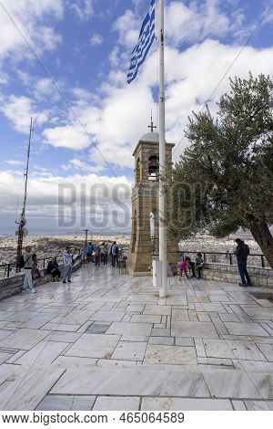 Athens, Greece - October 18, 2022: Observation Deck On Top Of Mount Lycabettus With Bell Tower Of Sa