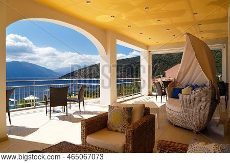 Morning At Greek Island. Beautiful View At Agia Efimia Bay From A Hotel, Villa Balcony, Cephalonia I