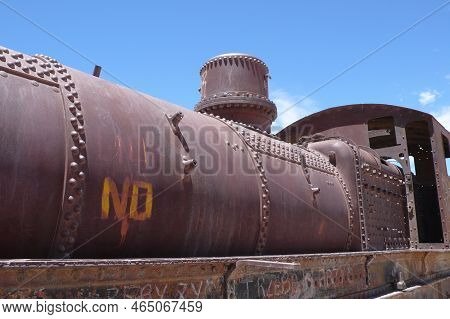 Old Locomotive In Atacama Dessert Bolivia Blue Sky