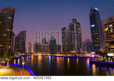 Dubai, Uae - 12th October, 2022: Dubai Marina Skyline With Illuminated Sky Scrappers,buildings And M