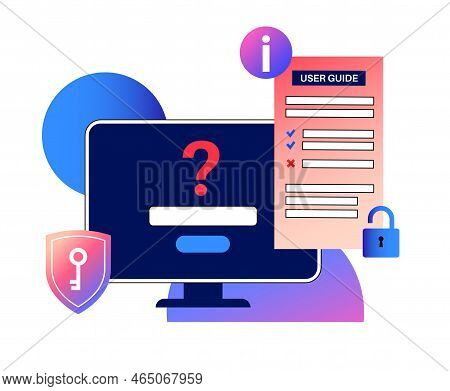 User Guide Manual On Computer. Guidebook Concept. Digital Information On Monitor, Training Or Faq On