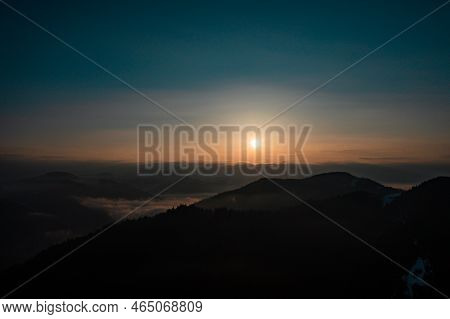 Mountain Atmospheric Landscape Of High Mountains In Thick Fog In Rainy Weather, Panorama Of Mountain