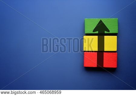 Wooden Blocks With Arrows. Growth, Development Progress Concept. Achieve Success. Career Promotion. 