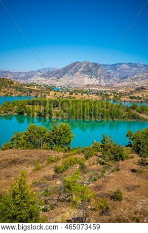 Mountain Lake. Emerald Water Reservoir Behind The Dam Oymapinar. Green Canyon In Manavgat Region, Tu