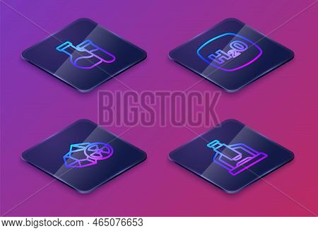Set Isometric Line Test Tube, Radioactive, Chemical Formula H2o And Microscope. Blue Square Button. 