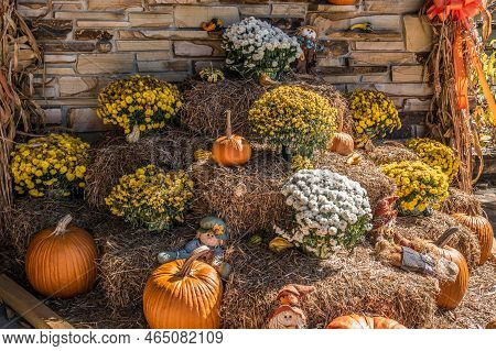 A Collection Of Seasonal Items Scarecrow Dolls, Pumpkins, Hay Bales, Cornstalks And Mums In Bloom Fo