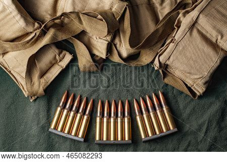 Military Ammunition Clips And Bandoliers. Overhead View.