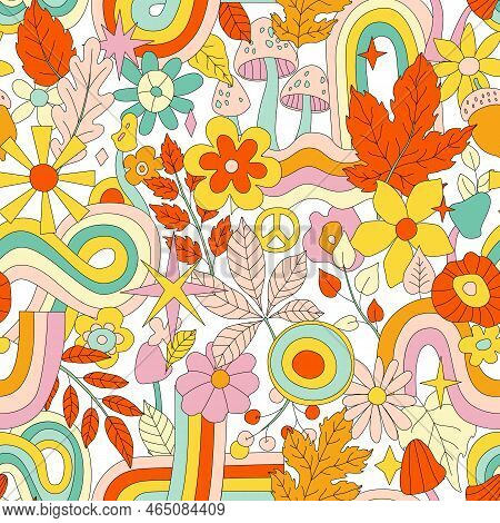 70s Groovy Hippie Retro Seamless Pattern. Funky Abstract Vector Pattern. Wavy Groovy Background With
