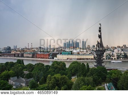 View Of The Monument To Peter I, The Moscow River, The Museon Park And The Moscow City Complex In Th