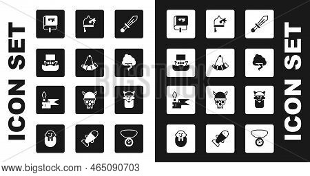 Set Medieval Sword, Hunting Horn, Viking Ship Drakkar, Book, Cloud And Lightning, Horned Helmet, Hea