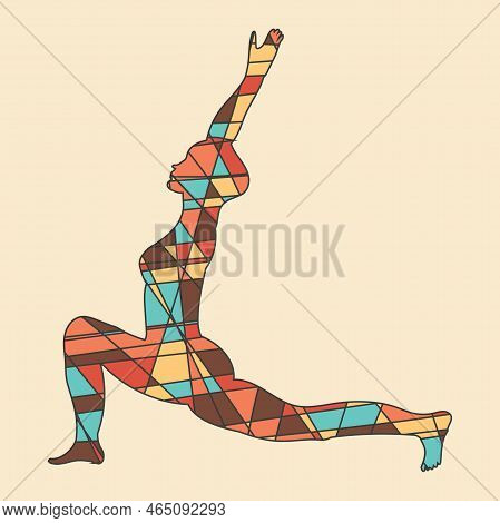 Silhouette Of Human Standind In Yoga Position In Mosaic Style. Abstract Geometric Irregular Mosaic.