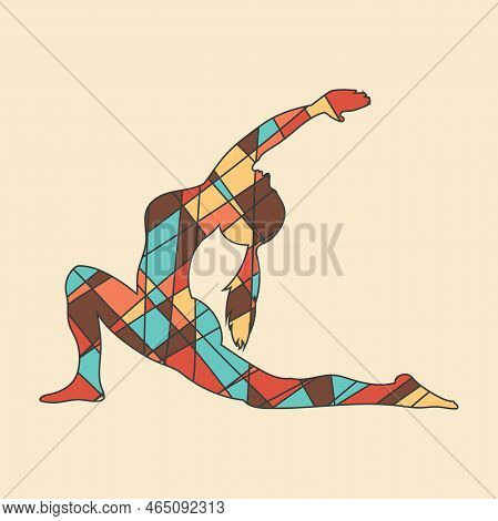 Silhouette Of Human Standind In Yoga Position In Mosaic Style. Abstract Geometric Irregular Mosaic.