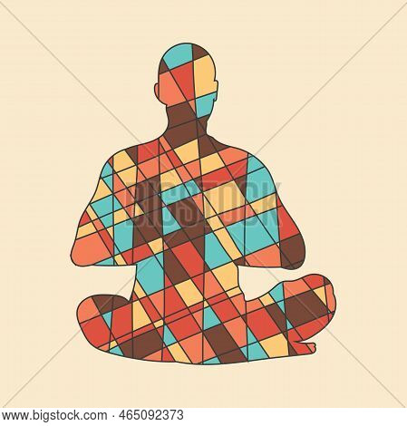 Silhouette Of Human Standind In Yoga Position In Mosaic Style. Abstract Geometric Irregular Mosaic.