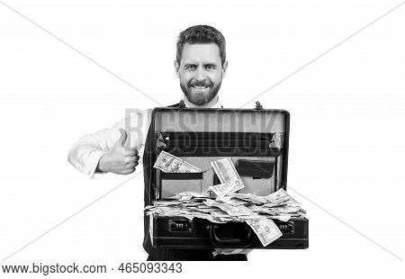 Happy Man Hold Cafe With Money Showing Thumb Up Isolated On White Background, Success