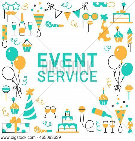 Event Service Flat Line Square Frame With Circle Space For Text. Concept With Balloons, Cake, Muffin