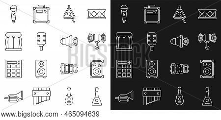 Set Line Balalaika, Stereo Speaker, Musical Tuning Fork, Triangle, Microphone, Drum, And Speaker Vol