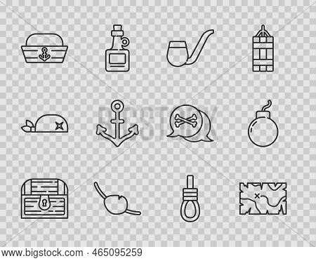 Set Line Antique Treasure Chest, Pirate Map, Smoking Pipe, Eye Patch, Sailor Hat, Anchor, Gallows Ro