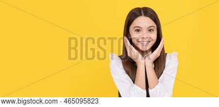 Your Back To School Sckincare. Happy Kid Hold Hands Near Face. Child Face, Horizontal Poster, Teenag