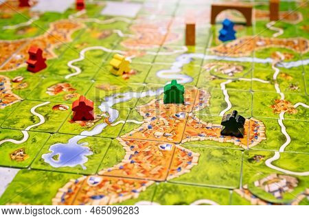 Board Game Carcassonne. Party Entertainment Or Family Leisure Hobby. Play Together. Strategic Table