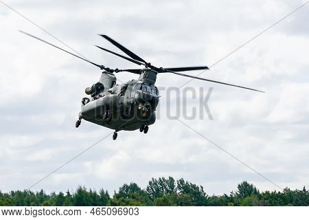 Liepaja, Latvia - August 7, 2022: An Royal Air Force Chinook Helicopter Display Its Flying Potential
