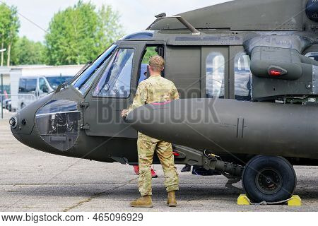 Liepaja, Latvia - August 7, 2022: Us Army Sikorsky Uh-60 Black Hawk Military Helicopter After Landin