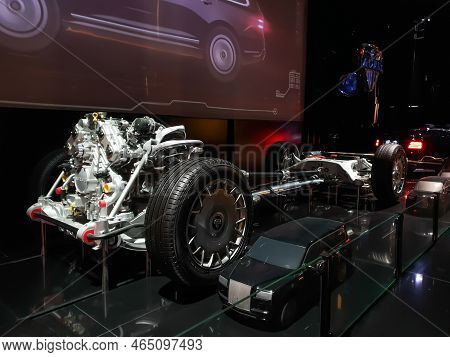 Moscow, Russia - April 4, 2022:  Russian Premium Car Aurus. Car Chassis, Engine Gearbox Exhaust Mani