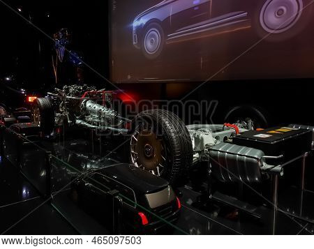 Moscow, Russia - April 4, 2022:  Russian Premium Car Aurus. Car Chassis, Engine Gearbox Exhaust Mani