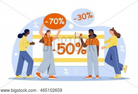 Characters Enjoy Shopping. Women Stand Next To Each Other With Gift And Discount Coupon. Special Off