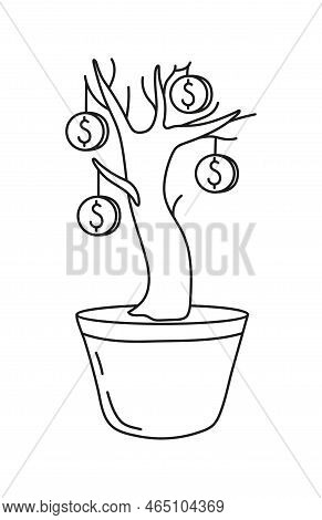 Money Tree Icon In Doodle Style. Financial Expert Help, Planning Strategy, Income Growth Vector Ui S