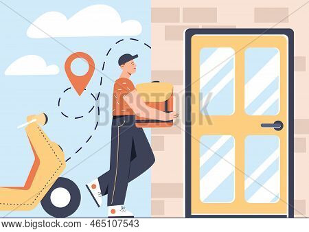 Courier Delivery To House. Man Carries Parcel To Apartment. Young Guy Next To Scooter. Convenient Se
