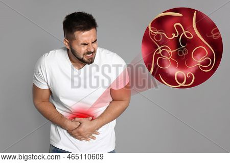 Parasites Under Microscope And Man Suffering From Helminthiasis