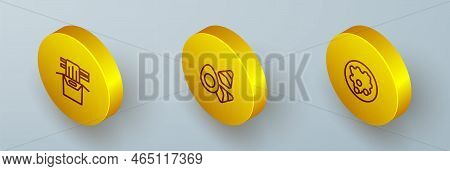 Set Isometric Line Asian Noodles In Paper Box, Chicken Egg With Vegerables And Rice Bowl Icon. Vecto