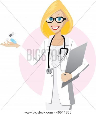 Blonde læge med medicin
