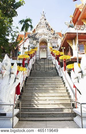 Ancient Ruins Building Naga Stairs And Gate Entrance Of Wat Phra That Cho Hae Temple For Thai People