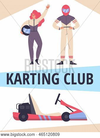 Karting Club Advertising Banner Or Poster Design Flat Vector Illustration.