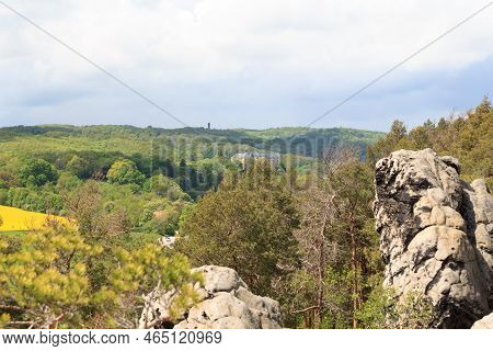 Panorama View Of Blankenburg Castle Seen From Teufelsmauer In Harz Mountains, Germany