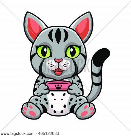 Cute Egyptian Mau Cat Cartoon Holding Food Bowl