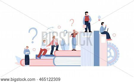 Different Skill Levels Concept, Tiny People Climbing Books - Abstract Flat Vector Illustration Isola