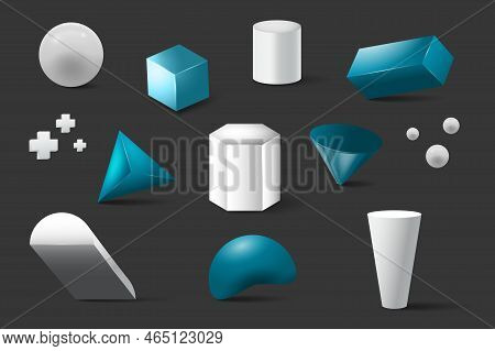Geometric Simple Shapes 3d Set In Realism Design. Bundle Of Sphere, Cube, Cylinder, Parallelepiped, 