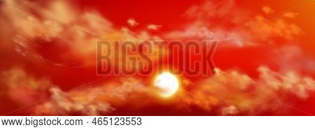 Realistic Sunset Sky With Sun Peek Out Of Fluffy Clouds. Beautiful Heaven Nature Landscape, Panorami