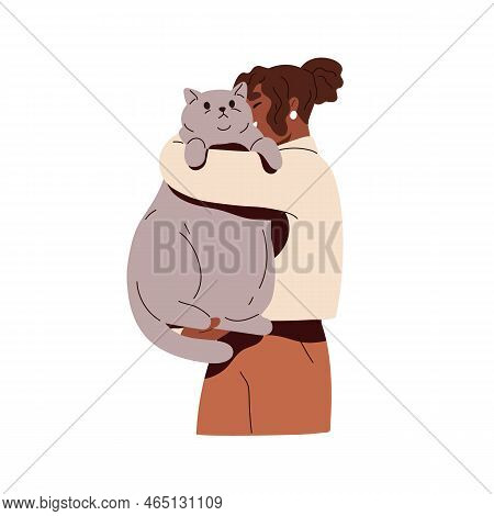 Cat Owner Holding Fat Chubby Kitty In Arms. Happy Black Woman Hugging, Cuddling Cute Big Huge Heavy 