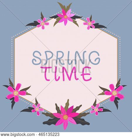 Hand Writing Sign Spring Time. Concept Meaning Temperate Season Of The Year Identified By A Revival 