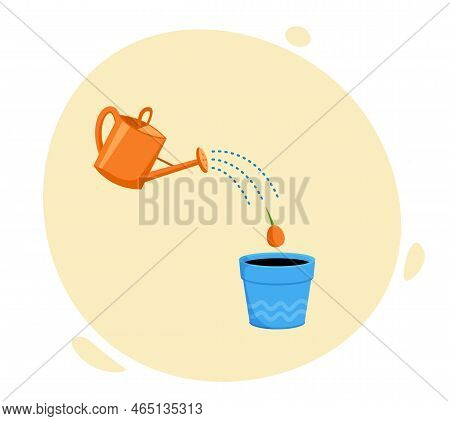 Watering Can Watering A Seed In A Pot. Concept Of Plant Growth Or Business.