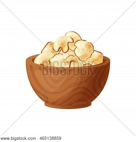 Apple Fruit Chips Dry Crips Slice In Wood Bowl. Organic Food Baked Delicious. Vector Illustration