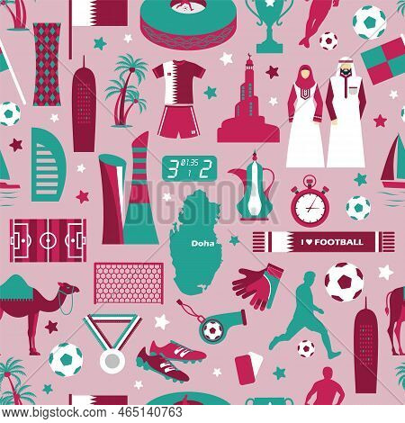 Qatar. National Day. Soccer Football Theme. Seamless Pattern Fabric Cover Trend Flat Desig On Pink.